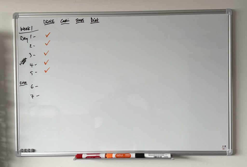 Health and fitness tracker on whiteboard.