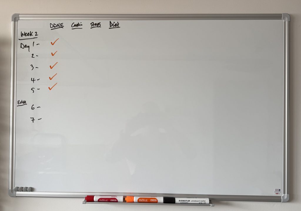 Health and fitness tracker on whiteboard.